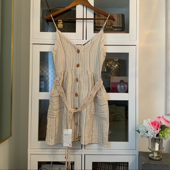 Zara Macrame Belted Striped Dress Cotton Size XS - Picture 2 of 9